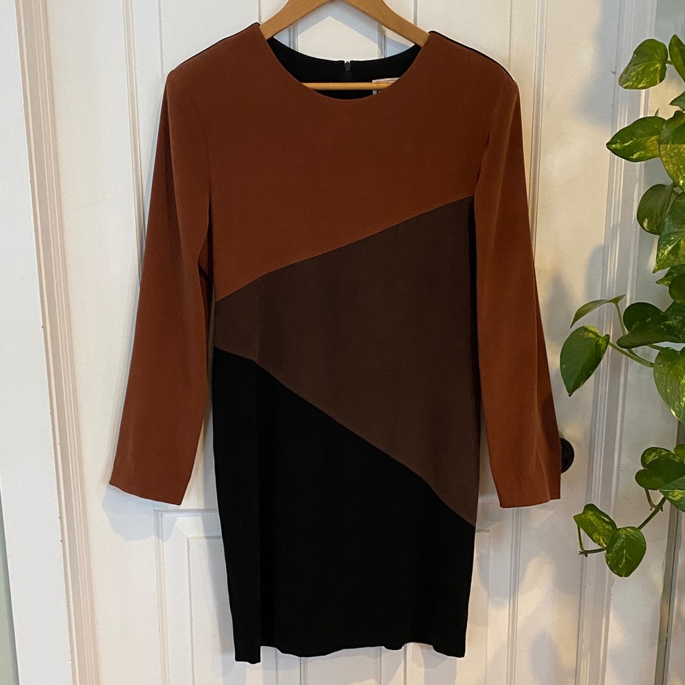 Vintage Faux Suede colourblock dress long sleeved boho western brown black.